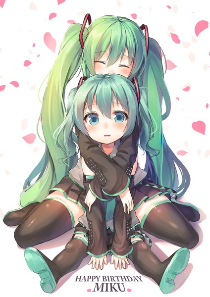 Anime picture 1415x2000 with vocaloid hatsune miku alexmaster tall image looking at viewer blush sitting multiple girls eyes closed very long hair aqua eyes aqua hair loli hug wariza between legs happy birthday dual persona hug from behind wavy mouth