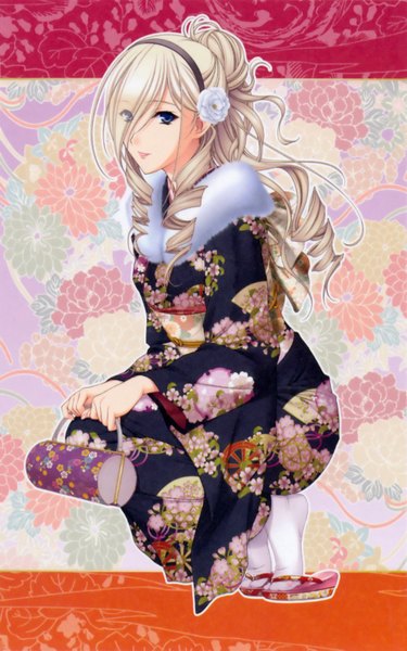 Anime picture 2032x3251 with walkure romanze celia kumani entory single long hair tall image highres blue eyes blonde hair traditional clothes japanese clothes scan drill hair girl flower (flowers) hairband kimono fur-trimmed kimono