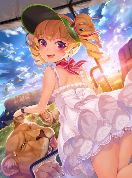 Anime picture 1200x1608 with furyou michi ~gang road~ xil (artist) long hair tall image blush highres open mouth blonde hair smile red eyes sky cloud (clouds) loli drill hair dress ribbon (ribbons) hair ribbon animal sundress lion