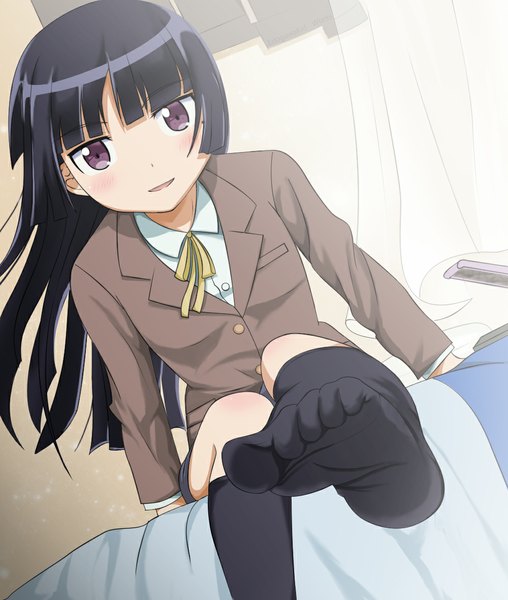 Anime picture 1000x1180 with ore no imouto ga konna ni kawaii wake ga nai gokou ruri edogawakid single long hair tall image black hair sitting purple eyes no shoes legs girl skirt uniform school uniform miniskirt socks black socks