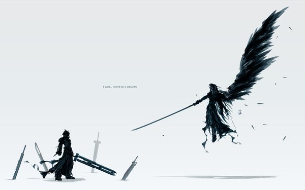 Anime picture 1920x1200 with final fantasy vii advent children final fantasy final fantasy vii square enix cloud strife sephiroth highres simple background wide image white background inscription shadow torn clothes angel boy weapon sword wings katana