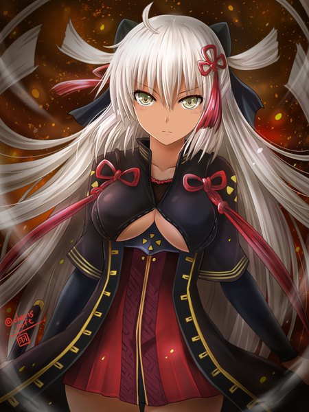 Anime picture 600x800 with fate (series) koha-ace okita souji (fate) (all) okita souji alter (fate) haura akitoshi single tall image looking at viewer fringe breasts light erotic hair between eyes standing signed yellow eyes ahoge white hair very long hair twitter username floating hair