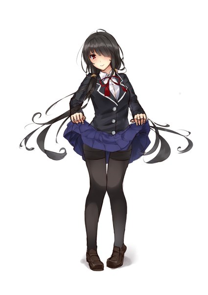 Anime picture 2507x3541 with date a live tokisaki kurumi touhu (friend coffee) single long hair tall image blush fringe highres black hair smile red eyes white background twintails hair over one eye low twintails girl skirt uniform school uniform