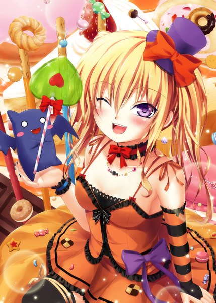 Anime picture 900x1259 with original tiphereth single long hair tall image looking at viewer blush open mouth blonde hair purple eyes twintails one eye closed wink girl thighhighs bow black thighhighs hat food sweets