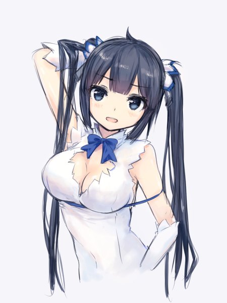 Anime picture 960x1280 with dungeon ni deai wo motomeru no wa machigatteiru darou ka j.c. staff hestia (danmachi) coffee-kizoku single long hair tall image looking at viewer blush fringe breasts open mouth blue eyes black hair simple background large breasts twintails bare shoulders arm behind head rei no himo