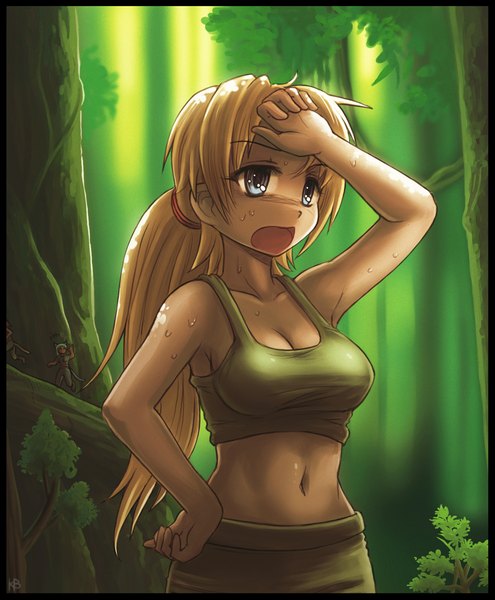 Anime picture 826x1000 with felarya jora (karbo) karbo single long hair tall image open mouth blue eyes blonde hair ponytail sweat giant girl navel plant (plants) tree (trees) forest
