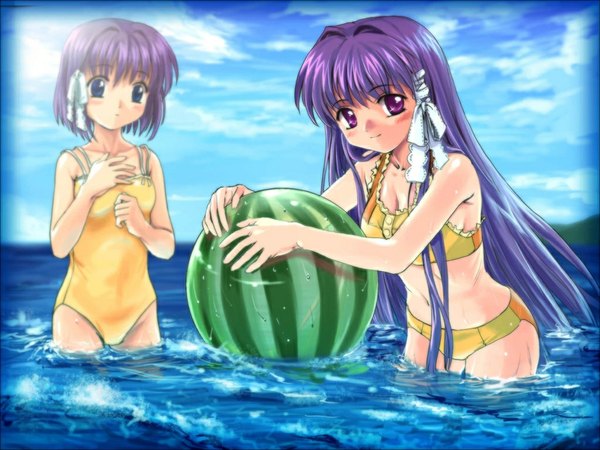 Anime picture 1024x768 with clannad key (studio) fujibayashi kyou fujibayashi ryou mutsuki (moonknives) blush breasts swimsuit bikini water food sea fruit berry (berries) watermelon