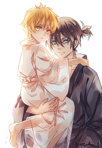 Anime picture 688x1000 with noragami studio bones yato (noragami) yukine (noragami) instockee tall image looking at viewer fringe short hair blonde hair brown hair yellow eyes ponytail traditional clothes japanese clothes barefoot aqua eyes multiple boys hug boy