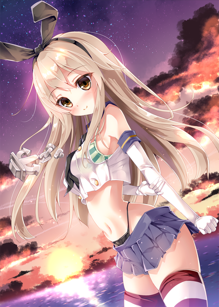 Anime picture 858x1200 with kantai collection shimakaze destroyer fukuda shuushi single long hair tall image looking at viewer light erotic blonde hair brown eyes sky cloud (clouds) light smile pantyshot girl thighhighs skirt gloves underwear panties