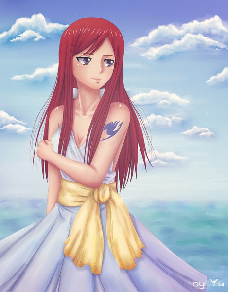 Anime picture 2700x3455 with fairy tail erza scarlet nonsense-chan single long hair tall image highres smile purple eyes sky cloud (clouds) red hair light smile tattoo girl dress water