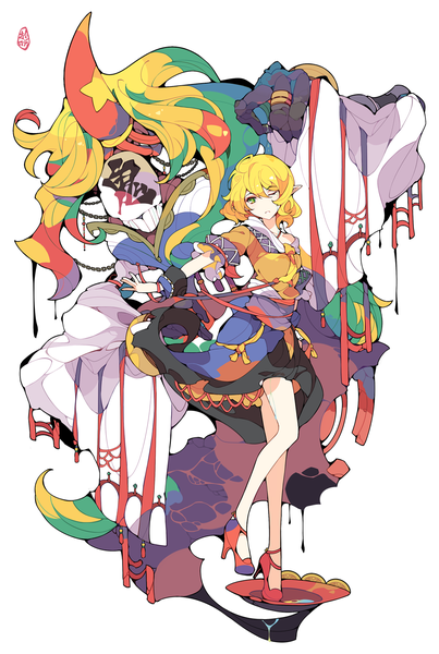 Anime picture 1000x1488 with touhou mizuhashi parsee hoshiguma yuugi ideolo tall image looking at viewer fringe short hair hair between eyes standing white background green eyes signed full body ahoge one eye closed horn (horns) pointy ears bare legs short sleeves