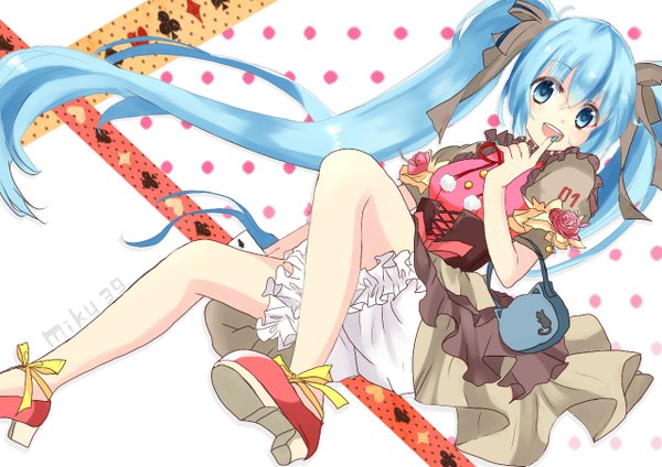 Anime picture 1280x906 with vocaloid hatsune miku suzupo single long hair looking at viewer blush open mouth blue eyes sitting twintails blue hair very long hair character names girl dress bag