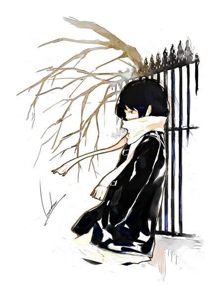 Anime picture 1350x1800 with original loundraw single tall image black hair standing signed profile wind black eyes hands in pockets girl plant (plants) tree (trees) jacket scarf branch fence