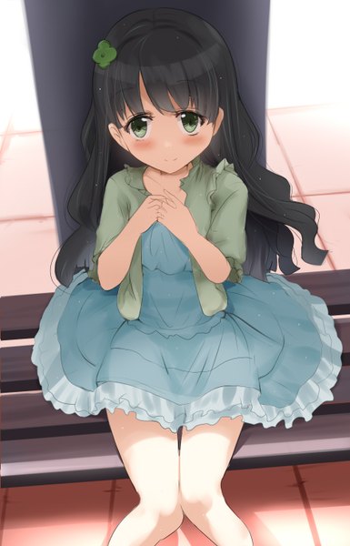 Anime picture 948x1476 with original umakatsuhai single long hair tall image looking at viewer blush black hair smile sitting green eyes girl dress hair ornament bench