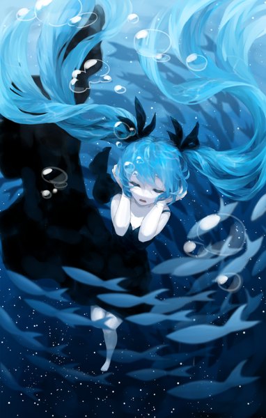 Anime picture 1276x2000 with vocaloid shinkai shoujo (vocaloid) hatsune miku mujun atama single long hair tall image fringe open mouth twintails bare shoulders blue hair eyes closed barefoot bare legs no shoes underwater girl dress bow