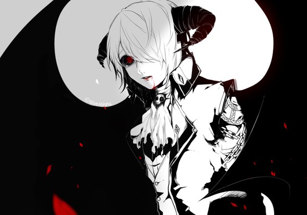 Anime picture 1000x700 with mabinogi incubus (mabinogi) single fringe short hair red eyes horn (horns) hair over one eye tears monochrome bat wings demon demon boy boy petals wings blood chain skull