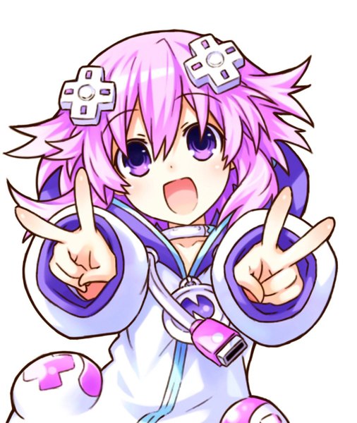 Anime picture 1079x1280 with choujigen game neptune neptune (choujigen game neptune) stinger single tall image looking at viewer blush short hair open mouth simple background white background purple eyes purple hair victory girl dress hood hairpin (hairpins)