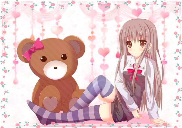 Anime picture 1500x1062 with original shiawase iro single long hair looking at viewer blush red eyes brown hair girl thighhighs flower (flowers) shorts heart striped thighhighs teddy bear