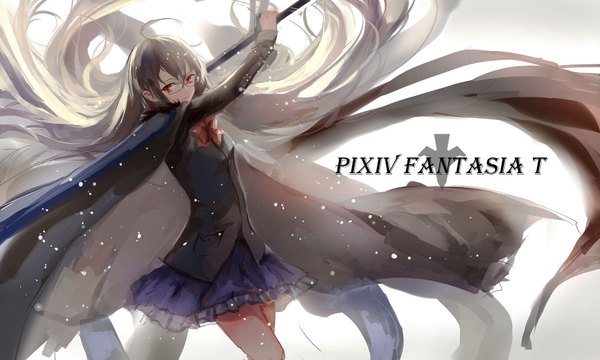Anime picture 1600x960 with original pixiv fantasia pixiv fantasia t sishenfan single looking at viewer fringe black hair red eyes wide image ahoge very long hair arm up wind inscription copyright name text english arched back attack