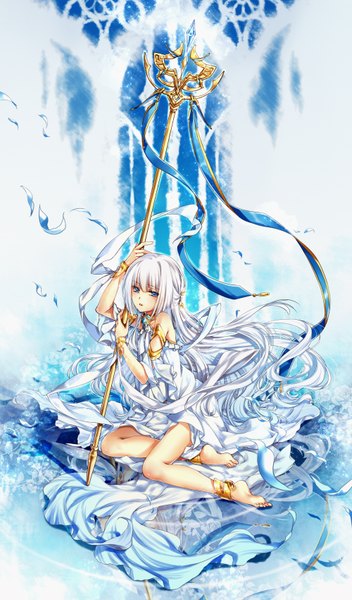 Anime picture 2000x3400 with original kingchenxi single long hair tall image looking at viewer highres blue eyes bare shoulders white hair barefoot girl dress ribbon (ribbons) staff
