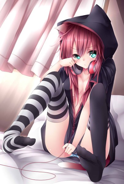 Anime picture 1010x1500 with original yonari phone neon chabaneko single long hair tall image looking at viewer blush light erotic sitting green eyes animal ears cleavage red hair tail animal tail cat ears cat girl cat tail spread legs