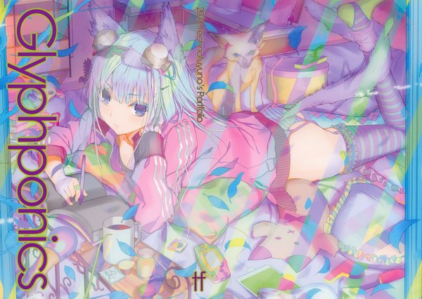 Anime picture 2110x1500 with tagme (artist) single long hair looking at viewer blush highres blue eyes light erotic animal ears blue hair ass animal tail inscription on stomach legs up girl thighhighs underwear panties animal