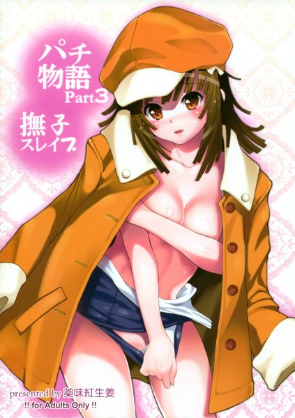 Anime picture 2567x3638 with bakemonogatari shaft (studio) monogatari (series) sengoku nadeko single long hair tall image looking at viewer blush highres breasts light erotic brown hair brown eyes scan inscription bare belly groin undressing covering