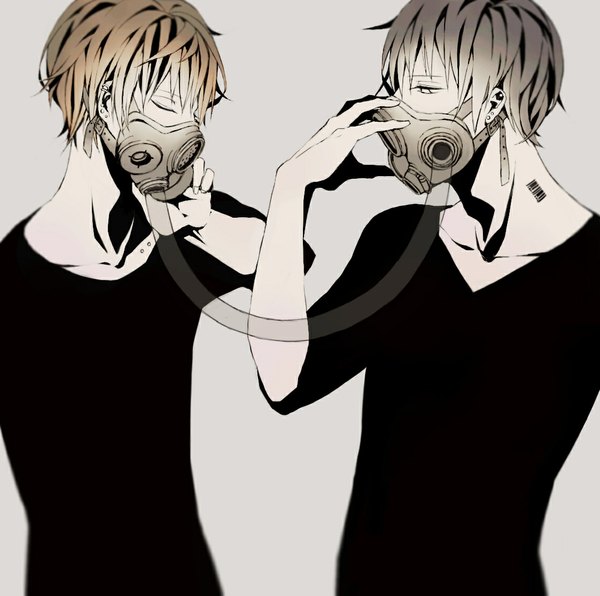 Anime picture 1123x1117 with original koori ichi short hair simple background brown hair standing eyes closed multiple boys tattoo piercing transparent white eyes boy earrings 2 boys jewelry mask barcode respirator