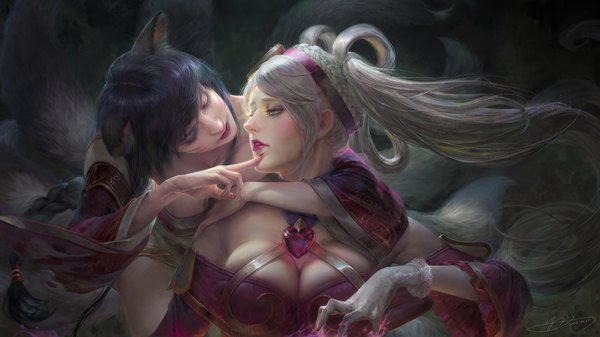 Anime picture 2141x1204 with league of legends ahri (league of legends) sona buvelle sweetheart sona yu-han yu-han chen long hair fringe highres blue eyes light erotic hair between eyes wide image twintails multiple girls payot looking away cleavage purple hair silver hair