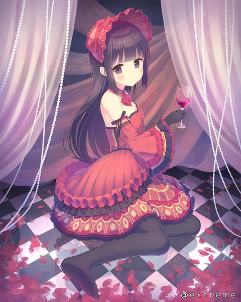 Anime picture 800x1000 with original alc (ex2 lv) single long hair tall image looking at viewer blush black hair purple eyes girl dress gloves detached sleeves petals black gloves frills bonnet wine glass
