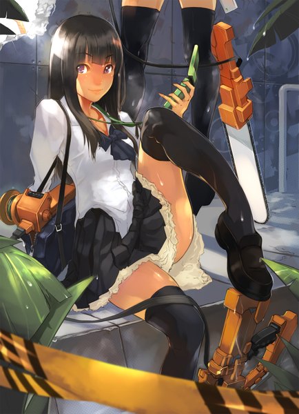 Anime picture 1200x1658 with original bigegg (artist) long hair tall image black hair red eyes sitting legs girl thighhighs skirt black thighhighs miniskirt shirt bowtie phone chainsaw