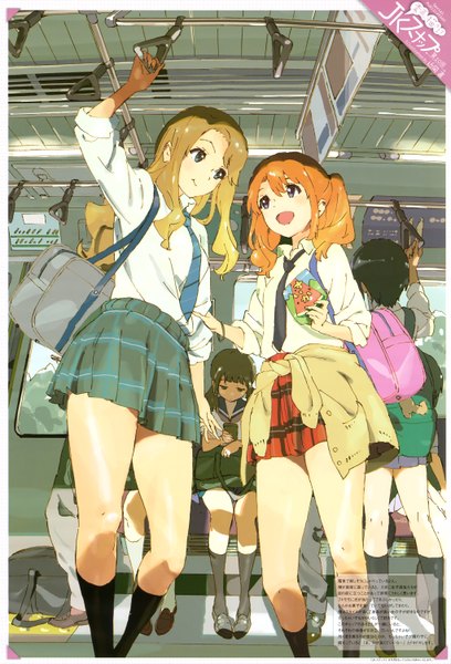 Anime picture 4087x6012 with megami magazine chikaoka sunao long hair tall image highres open mouth blue eyes blonde hair brown hair multiple girls absurdres orange hair official art train interior girl skirt shirt socks necktie black socks