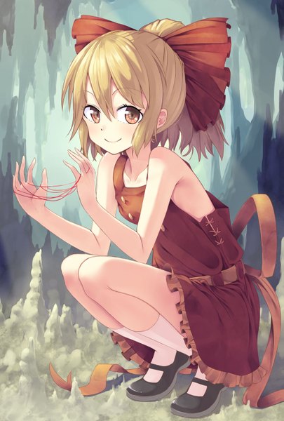 Anime picture 965x1428 with touhou kurodani yamame hoozuki (tkudonmax) single tall image looking at viewer blush short hair blonde hair smile bare shoulders brown eyes ponytail squat adapted costume girl bow hair bow socks white socks