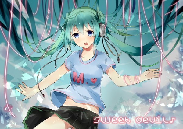 Anime picture 1000x707 with vocaloid sweet devil (vocaloid) hatsune miku r star (artist) single long hair open mouth blue eyes twintails green hair girl skirt miniskirt headphones wire (wires)