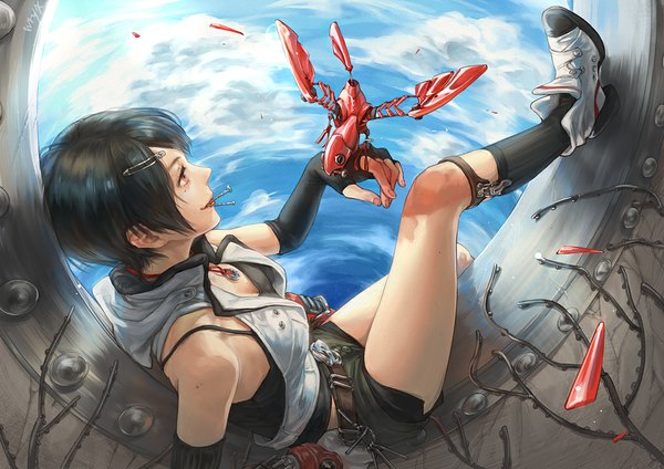 Anime picture 1023x723 with original wryx single short hair black hair smile red eyes sitting bare shoulders signed sky cloud (clouds) profile fingernails mole mole under eye mouth hold mechanical girl gloves
