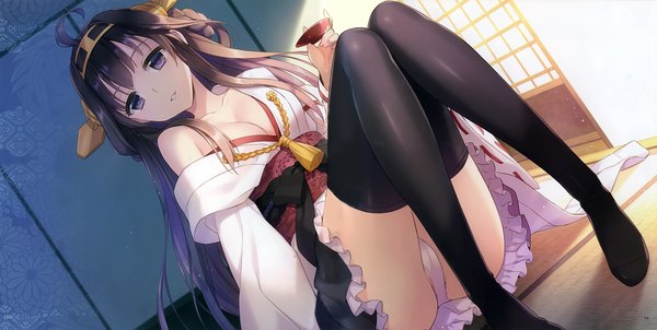 Anime picture 4239x2140 with kantai collection kongou battleship an2a single long hair looking at viewer highres light erotic brown hair wide image purple eyes absurdres ahoge scan pantyshot pantyshot sitting nontraditional miko girl thighhighs hair ornament