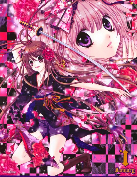 Anime picture 1441x1850 with momo - shuumatsu teien e youkoso momo (character) odagiri yume long hair tall image looking at viewer brown hair purple eyes multiple girls pink hair nail polish japanese clothes pink eyes hair flower light smile scan kneeling checkered background girl hair ornament