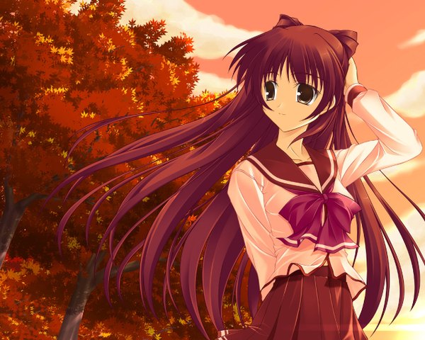 Anime picture 1280x1024 with to heart 2 leaf (studio) kousaka tamaki long hair brown eyes red hair evening sunset serafuku