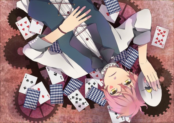 Anime picture 1300x920 with vocaloid vy2 66 (roro) 673rokunami single looking at viewer short hair yellow eyes pink hair upside down boy bowtie mask card (cards) gears