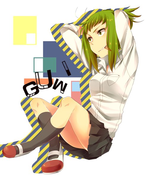Anime picture 2000x2419 with vocaloid gumi haruka (fizz) single tall image blush highres short hair sitting green eyes pleated skirt green hair inscription crossed legs mouth hold arms behind head open collar twisty sleeves girl hair ornament