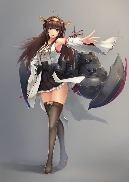 Anime picture 900x1273 with kantai collection kongou battleship lemoo long hair tall image looking at viewer fringe open mouth blue eyes brown hair ahoge pleated skirt wind grey background armpit (armpits) zettai ryouiki gradient background outstretched arm walking nontraditional miko