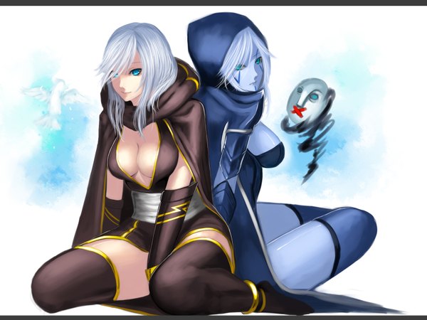 Anime picture 1600x1200 with league of legends dota 2 (game) ashe (league of legends) drow ranger (dota 2) kumiko shiba long hair looking at viewer fringe breasts blue eyes light erotic sitting multiple girls cleavage silver hair aqua eyes wariza back to back blue skin girl