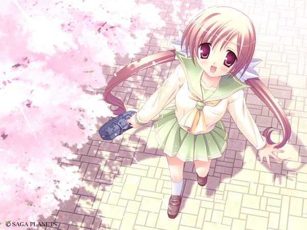 Anime picture 1600x1200 with original moribe (rabumanyo) single long hair looking at viewer blush open mouth blonde hair purple eyes full body sunlight shadow wallpaper cherry blossoms spring girl uniform plant (plants) tree (trees) socks