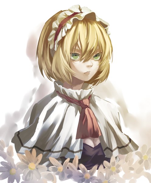 Anime picture 2284x2761 with touhou alice margatroid eredhen single tall image fringe highres short hair blonde hair white background green eyes looking away portrait girl flower (flowers) hairband neckerchief