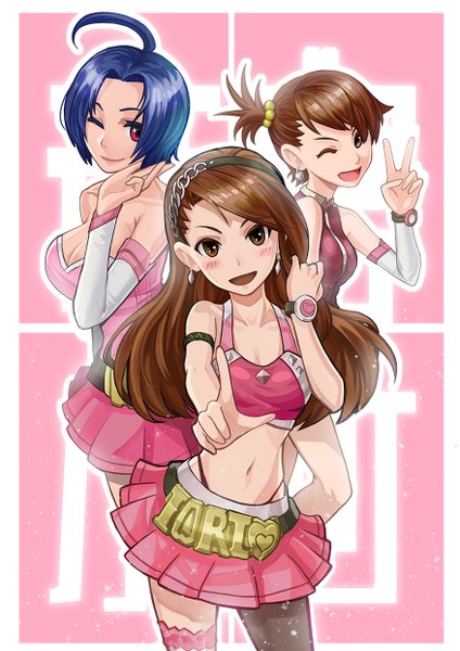 Anime picture 877x1240 with idolmaster minase iori miura azusa futami ami goomrrat long hair tall image looking at viewer blush short hair light erotic smile brown hair multiple girls brown eyes blue hair one eye closed pink eyes wink girl