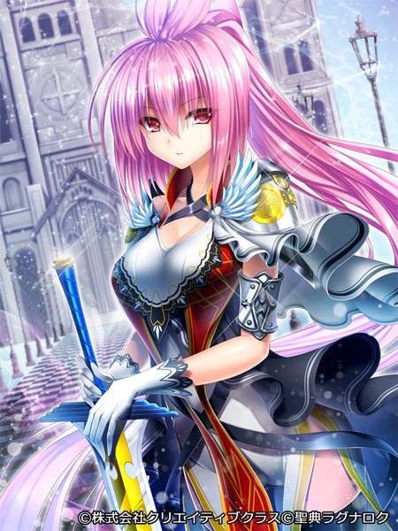 Anime picture 600x800 with seiten ragnarok pochadon single long hair tall image looking at viewer pink hair ponytail pink eyes girl dress gloves weapon sword white gloves