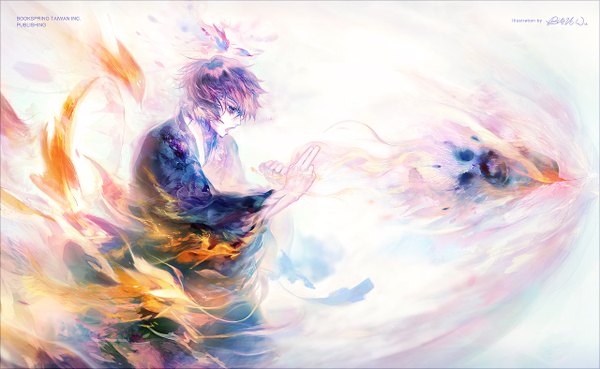 Anime picture 1280x788 with original blazewu single short hair open mouth wide image purple hair border ghost boy fire