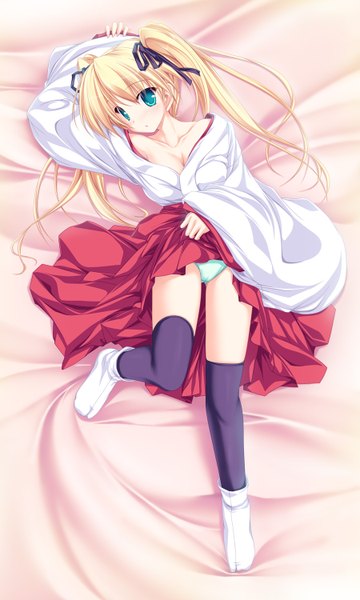Anime picture 900x1500 with happiness hiiragi anri tenmaso single long hair tall image blush blue eyes light erotic blonde hair twintails traditional clothes girl thighhighs underwear panties ribbon (ribbons) black thighhighs hair ribbon