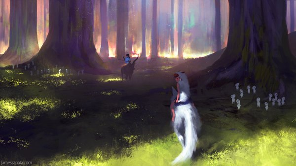 Anime picture 1920x1080 with mononoke hime studio ghibli san ashitaka moro no kimi jameszapata (artist) highres short hair wide image holding looking away looking back barefoot from behind bare legs sleeveless walking face paint riding girl