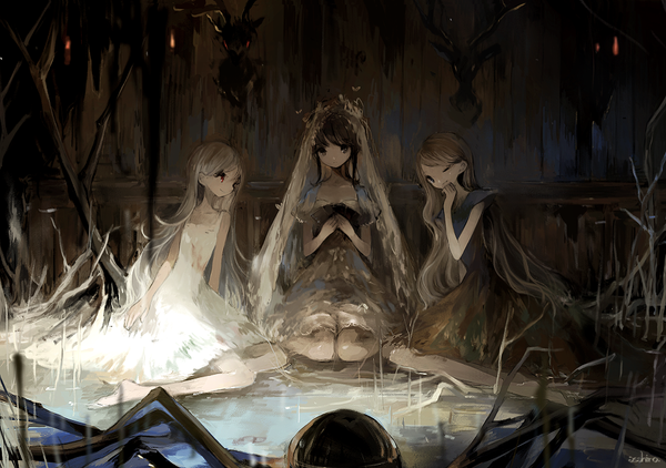 Anime picture 960x676 with original asahiro long hair looking at viewer black hair smile brown hair sitting bare shoulders multiple girls looking away bent knee (knees) white hair eyes closed one eye closed barefoot wink bare legs no shoes wariza